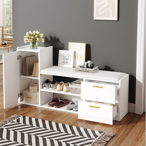 Mobile portascarpe 128x30x68 cm bianco con seduta imbottita, 2 cassetti, truciolare MEUBLIV (1/5)