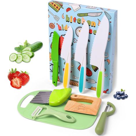 Couteau Cuisine Enfants, Couteau Enfant Couteau Set Ensemble Plastique Couteaux Pour Couper et Cuire Des Fruits Ou Légumes Pour Jeunes Enfants (9 pièces - vert) (1/5)