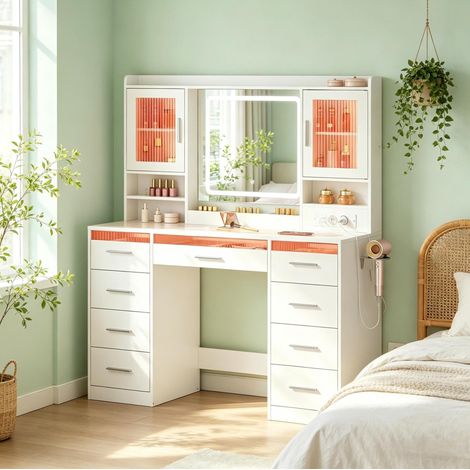 Coiffeuse avec miroir 110x40x140 cm en bois et verre blanc, avec rangement pour chambre FloraGrace (1/5)