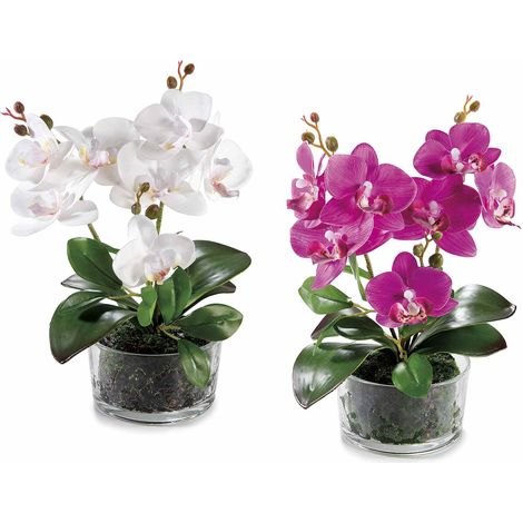 Orchidées artificielles fleuries blanches et fuchsia en pot de verre, lot de 4, diam. 10,5 x H. 26 cm