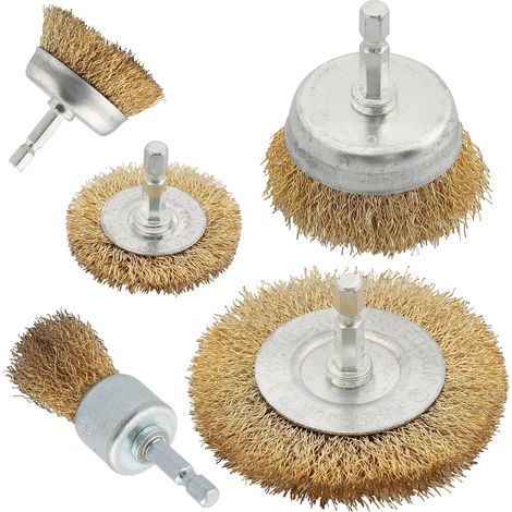 Ensemble de 5 brosses métalliques pour perceuse, brosses en laiton, tige hexagonale de 6,35 mm (1/4 pouce), brosses pour nettoyer la rouille (1/5)