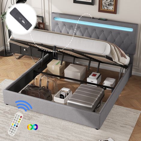 Cama de 180 x 200 cm - Cama con cajón de 180 y somier - Cama doble acolchada con LED RGB, puertos USB y Type-C - Tejido de lino y MDF - Gris (1/5)