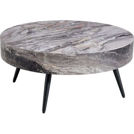 Table basse ronde 70 cm avec plateau aspect marbre gris en MDF et pieds métalliques noirs (1/5)
