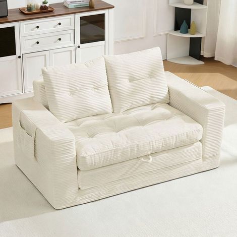 Canapé convertible en velours côtelé, avec rangement, porte-gobelets, table intégrée, beige, design moderne, confort moelleux (1/5)