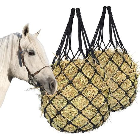 Filets à foin pour chevaux, sacs à foin pour l'alimentation lente des chevaux, chèvres et moutons, sacs à foin suspendus pour les écuries, les pâturages et comme mangeoire. (1/5)