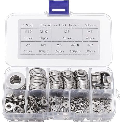 Rondelle Inox avec Boîte de Rangement (Lot de 580) - Assortiment de 9 Tailles M2, M2.5, M3, M4, M5, M6, M8, M10 & M12 - Lot de Rondelles Métal - Réparations, Usines & Décoration Intérieure-LIAIKI (1/5)