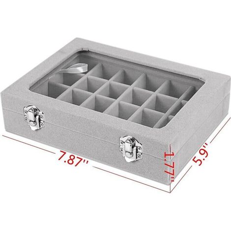 ALLIANDISPrésentoir à bijoux en verre velours à 24 grilles, boîte de rangement pour bagues, boucles d'oreilles, support de rangement (gris)