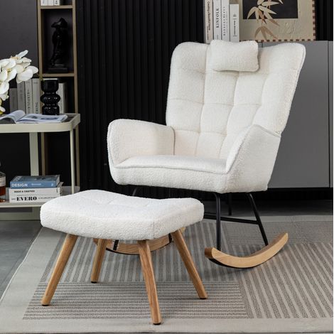 Sillón balancín blanco de bouclé, 92 cm de alto, con cojín y reposapiés HAVRYA (1/5)