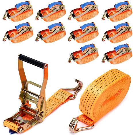 10 pc 5000kg Sangle d'arrimage Sangle à cliquet avec Crochet  10m x 50mm pour l'arrimage Camion Voiture 5T (1/5)