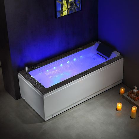 Boreal Sauna – Baignoire balnéo 1 place 170x75 cm – 39 jets hydromassage – Éclairage LED – Système Bluetooth – Robinetterie en laiton chromé
