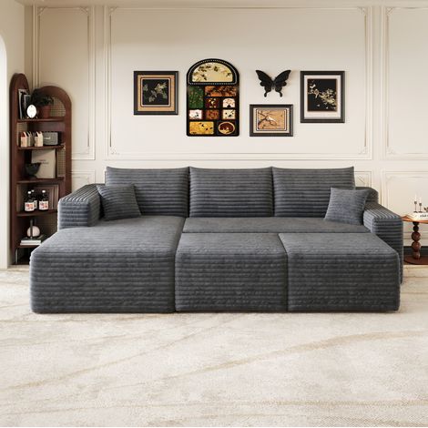 Ecksofa 241 cm Dunkelgrau Stoff mit Cordbezug, tiefer Sitzfläche und Chaiselongue, ohne Montage (1/5)
