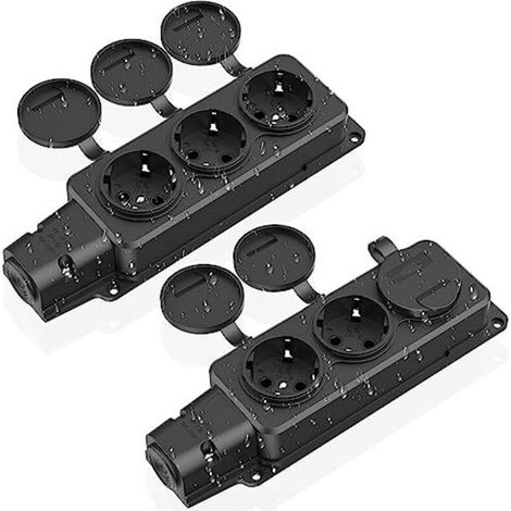 Multiprise à 3 voies, 2 prises extérieures étanches IP54, prises de sécurité avec couvercles à charnières, multiprise pour usage extérieur, 230 V/16 A max. 3500 W, prise extérieure, noire (1/5)