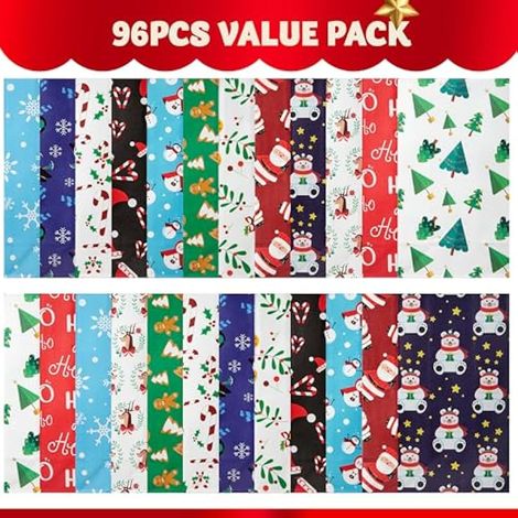 Lot de 96 sachets cadeaux de Noël (12 motifs différents) pour les fêtes de fin d'année.