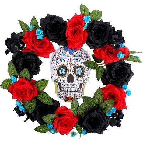Guirlande Crâne Fleurs pour Halloween et pour jour des Morts 35cm Guirlande Crâne Fleurs , Couronne Vigne Naturelle pour Halloween et pour jour des Morts, Décoration Porte Fenêtre 35cm (1/5)
