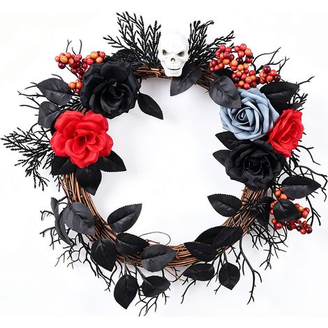 Couronne vigne Halloween crâne blanc roses artificielles rouge noir bleu gris 46×40 cm, décoration gothique