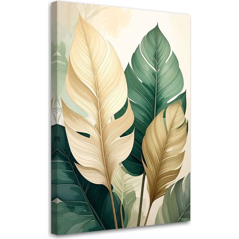 Tabelau sur Toile, Feuilles de monstera vertes et beiges dans un style jungle urbaine,20x30