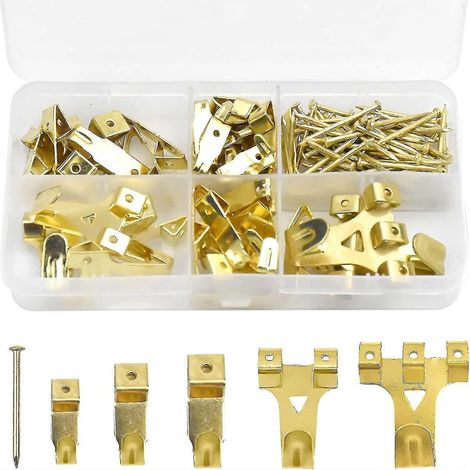 Lot de 130 crochets muraux métalliques avec vis pour cadres photo, cadres, tableaux, horloges, miroirs (couleur or) Shisa (1/5)