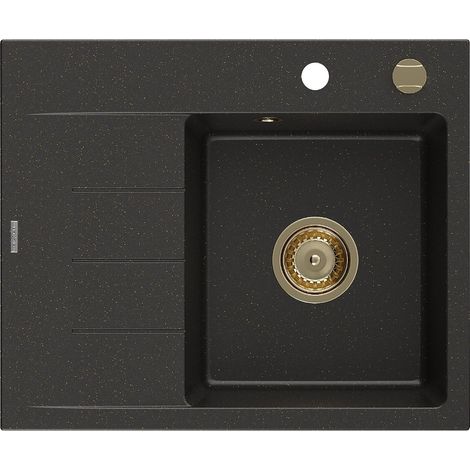 Mexen Ben Granitspüle 1-Becken mit Abtropffläche, rechts 600 x 500 mm, schwarz/gold metallic, goldener Siphon (1/5)