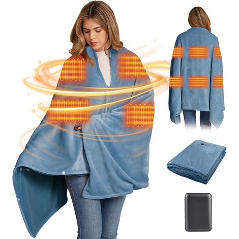 Couverture Chauffante Sans Fil 160x90 cm avec Batterie 16000 mAh 3 Niveaux de Chaleur Plaid Chauffant Électrique Portable, Poncho Chauffant pour Canapé, Bureau, Voyage, Camping (Bleu clair) (1/5)