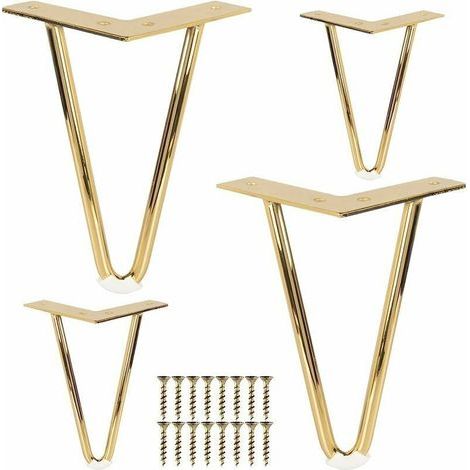 Pieds de meuble en métal de 10 cm, pieds de table en épingle à cheveux en fer 4 pièces avec vis - Or