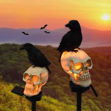 2 Paquets de LED Solaire Corbeau crâne lumières, Halloween atmosphère extérieure Lampe de décoration, et Mignon résine Corbeau crâne Cour lumières Paysage. (1/4)