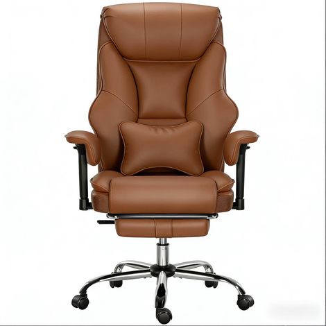Sedia da ufficio ergonomica reclinabile in PU marrone con poggiapiedi e schienale alto (1/5)
