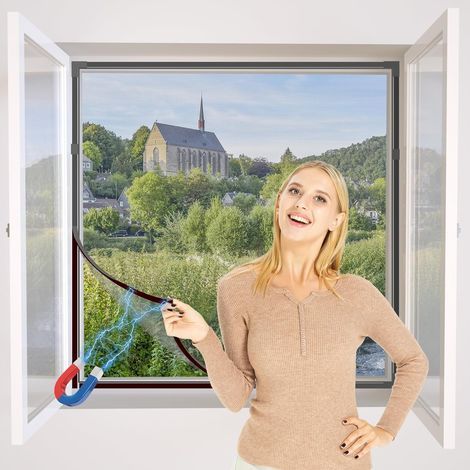 DIY Moustiquaire magnétique aimantée réglable pour fenêtre - Max 130 x 150 cm - Sans perçage, Peut être coupé - Facile à installer(Cadre gris,toile grise) (1/5)