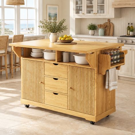 Isola da cucina mobile con ripiani ribaltabili, 95 cm, 3 cassetti, MDF, marrone (1/5)
