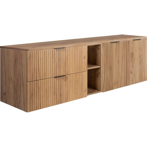 Set da bagno: mobile con cassetti, mobile con ante e ripiano 57×46×180 cm, colore: Rovere Craft, maniglia nera (1/5)