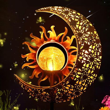 Lampes solaires de jardin décoratives d'extérieur, boule en verre soleil et lune en métal-AquaForge