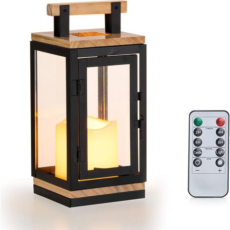 Lanternes en Bois Bougies D'intérieur: Lanterne Décorative À LED pour Le Salon Et L'extérieur 23.5cm de Hauteur Bougies de Noël Cheminée en Métal avec Minuterie de Contrôle À Distance (1/5)