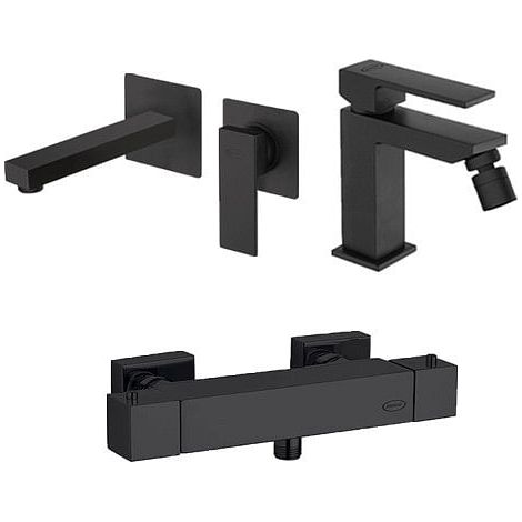Set Rubinetti Jacuzzi per lavabo a parete e bidet senza scarico e doccia esterno serie Twinkle YO nero opaco (1/5)