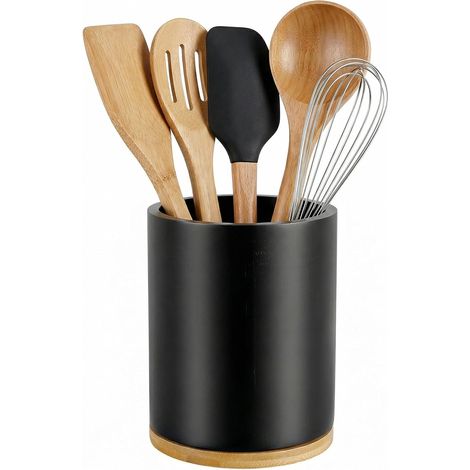 1 Pot Ustensiles Cuisine, Rotation 360°, Bambou, Noir, 18,5x15,5x15,5 cm, Rangement Comptoir (1/5)