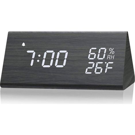 Réveil Numérique, Horloge électronique Affichage LED Smart Voice pour Chambre à Coucher (Bois Noir) (1/5)