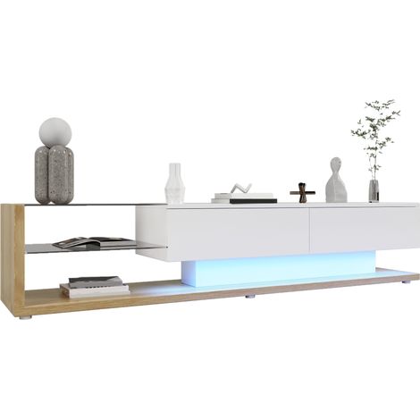 TV-Schränke, Lowboards, Kombination aus Hochglanzweiß und Holzfarben. Glastrennwände und variable LED-Beleuchtung. Es kombiniert natürlichen Landhausstil mit modernem Design. (1/5)