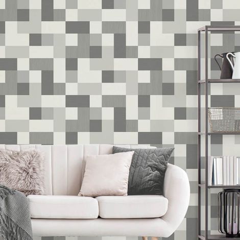 Fine Decor Square Geometric Mono White Grey Metallic Shimmer Retro Wallpaper (1/2)