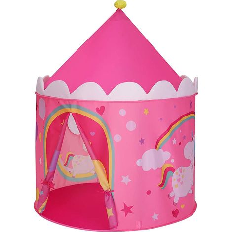 Tente de jeu enfant château pour enfant tipi pop-up portable avec sac de transport intérieur et extérieur idée cadeau rose et jaune (1/2)