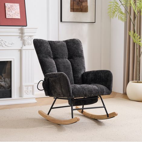 Fauteuil à bascule 63x92x89 cm en chenille noir, dossier haut et rangement, pour salon – MEUBLIV (1/5)