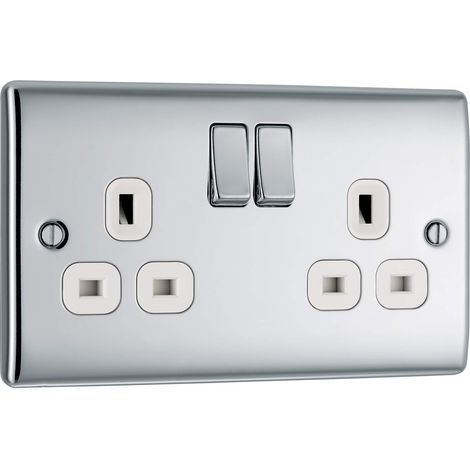 Double prise à interrupteur en acier brossé 13 A - Insert blanc - Chrome brillant - Insert blanc Gang Metal (1/5)