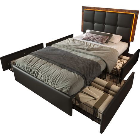 Cadre de lit avec bandeau lumineux LED et 4 tiroirs,lit simple,lit rembourré 90x200cm,tête de lit réglable en hauteur,lit fonctionnel,PU noir (sans matelas) (1/5)