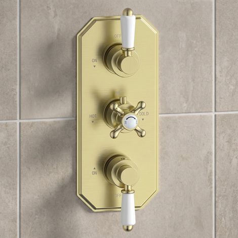 Signature Eternal Traditional Thermostatic 2 Outlet Concealed Shower Valve Triple Handle - Brushed Brass (1/4)