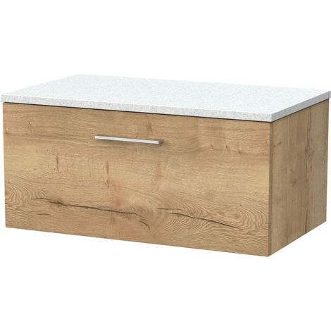Pershall Contemporary Wall Hung 1 Drawer Vanity Unit with White Nebula Laminate Worktop, 800mm, Autumn Oak