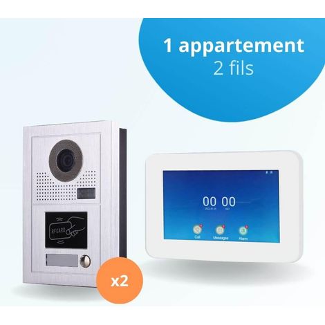 Portier interphone vidéo MODERN 2 Fils pour 2 entrées - 1 appartement - 2 platines - 1 écran tactile connecté 7" blanc - avec lecteur de badge