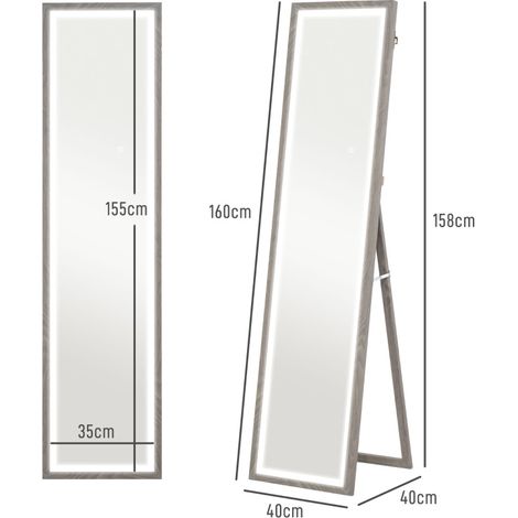 Miroir psyché 40 x 160 cm avec LED dimmable, 3 couleurs de lumière, montage mural ou sur pied, cadre MDF gris (1/5)