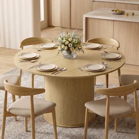 Table manger ronde 4-6 personnes Ø120x75 cm base cylindrique cannelée bois naturel, moderne (1/5)
