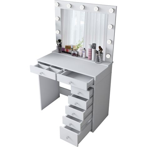 Toeletta Cocchiara, Mobile da Trucco Specchio Incluso, 7 Cassetti, Luci Incluse, 90x45x153h cm Bianco