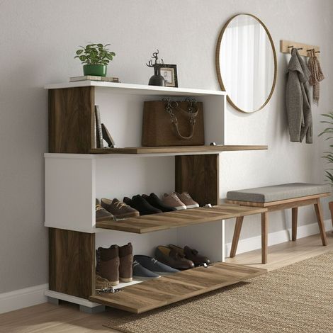 Dmora - Schuhschrank Dgallopp, Schuhregal, Mehrzweck-Eingangsgarderobe, Möbel für Schuhe, 90x30h93 cm, Weiß und Walnuss (1/5)