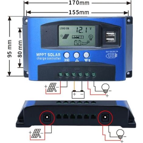 Contrôleur de charge solaire MPPT 40A, régulateur de batterie intelligent de contrôleur de batterie de panneau solaire USB 12V 24V avec écran LCD(40A) (1/4)