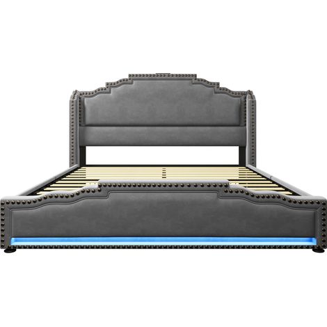 Letto contenitore 140x200 grigio in velluto con 4 cassetti, LED e porte USB Type-C con materasso (1/5)