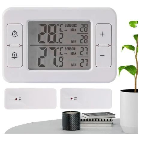 Kabelloses Dual-Sensor-Thermometer mit Temperaturanzeige und Temperaturalarm, geeignet für Kühlschränke und Terrassen. (1/5)